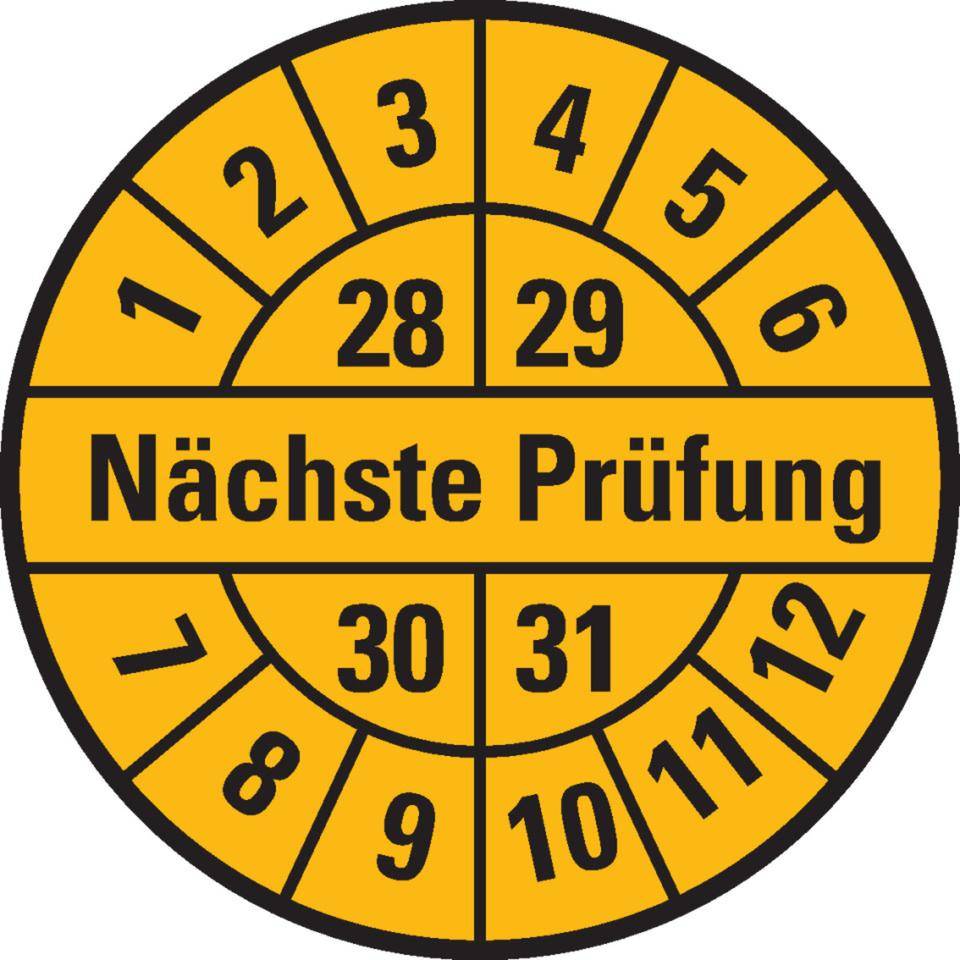 Prüfplakette Nächste Prüfung 28-31, gelb, Dokumentenfolie, Ø 30mm, 18/Bogen