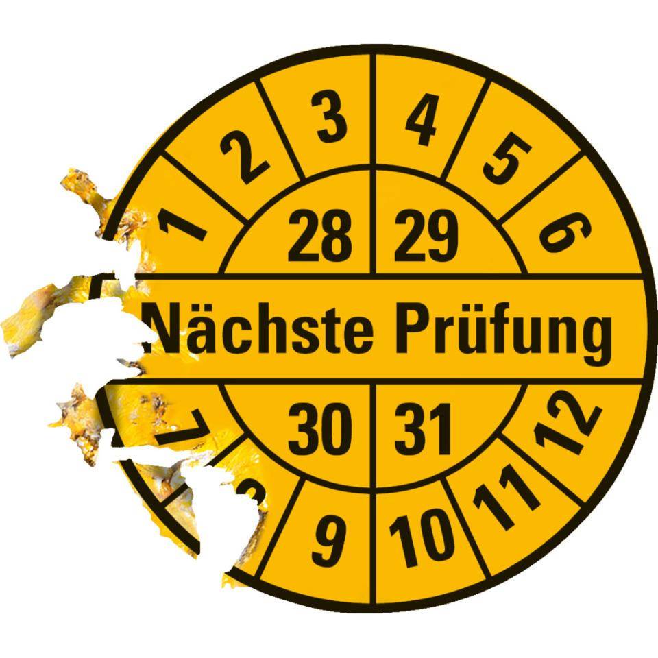Prüfplakette Nächste Prüfung 28-31, gelb, Dokumentenfolie, Ø 30mm, 18/Bogen