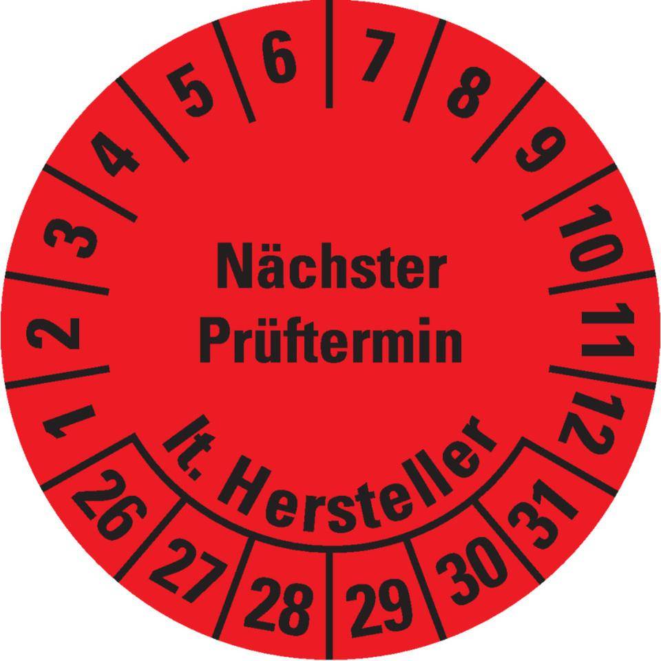Prüfplakette Nächster Prüftermin laut Hersteller,26-31,rot,Dokumentenfolie,Ø30mm,18/Bogen