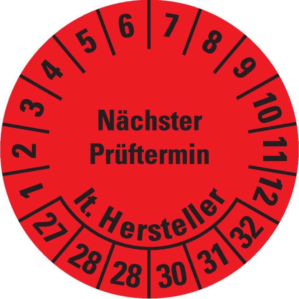 Prüfplakette Nächster Prüftermin laut Hersteller, 27-32, rot, Dokumentenfolie, Ø30mm, 18/Bogen