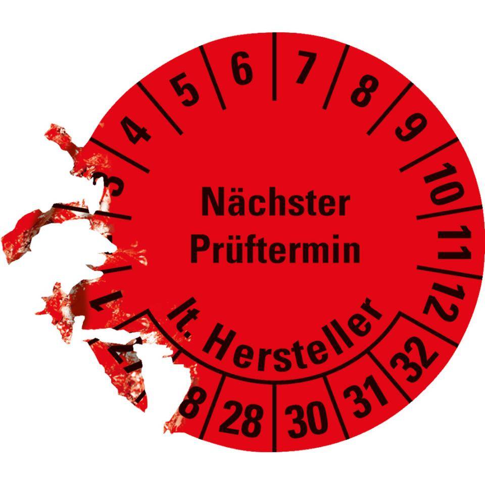 Prüfplakette Nächster Prüftermin laut Hersteller, 27-32, rot, Dokumentenfolie, Ø30mm, 18/Bogen