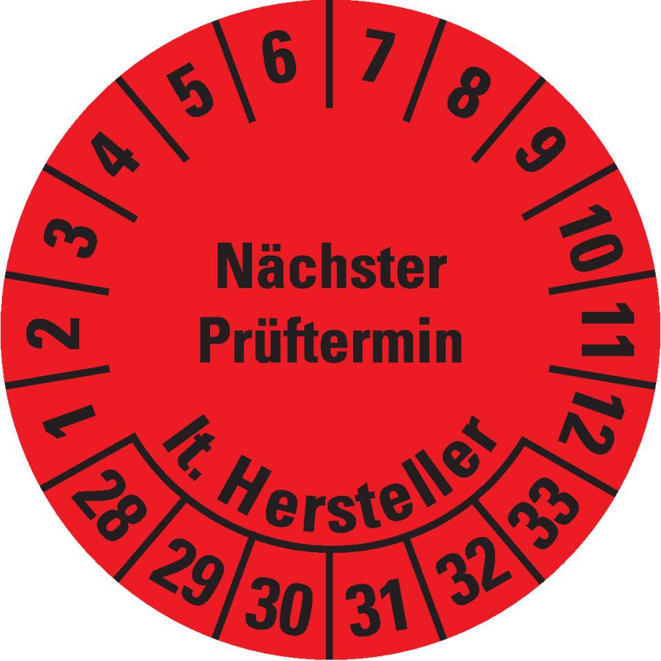 Prüfplakette Nächster Prüftermin lt.Hersteller, 28-33, rot, Dokumentenfolie, Ø30mm, 18/Bogen