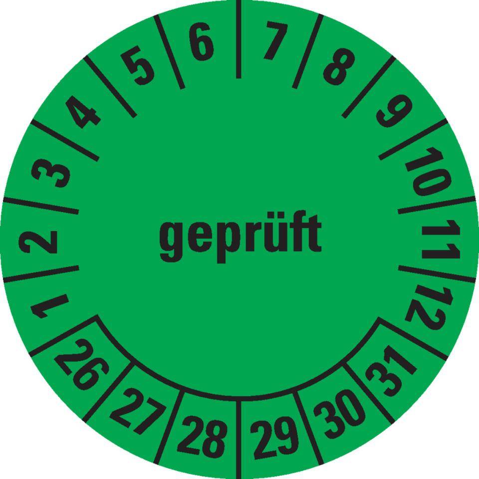 Prüfplakette geprüft 26-31, grün, Dokumentenfolie, selbstklebend, Ø 20mm, 500/Rolle