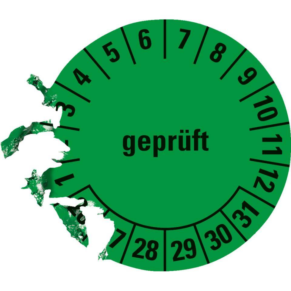 Prüfplakette geprüft 26-31, grün, Dokumentenfolie, selbstklebend, Ø 20mm, 36/Bogen