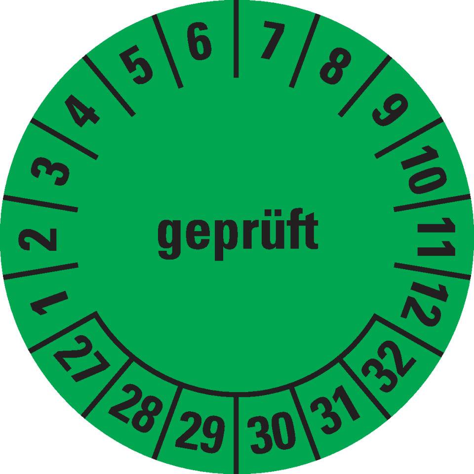 Prüfplakette geprüft 27-32, grün, Folie, ablösbar, Ø 20mm, 500/Rolle