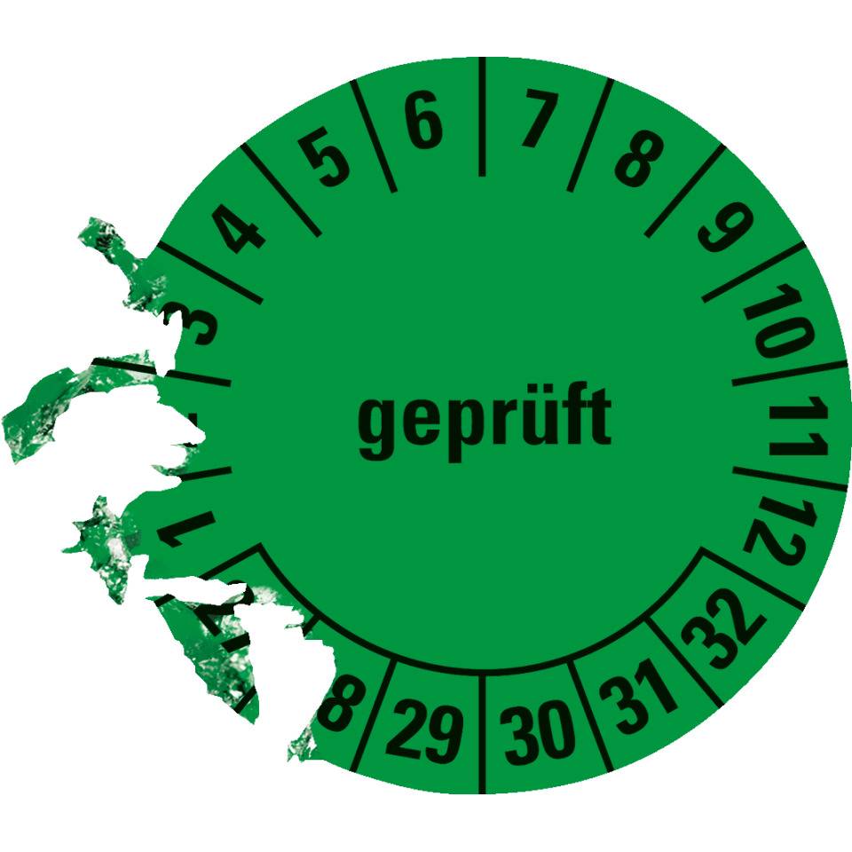 Prüfplakette geprüft 27-32, grün, Dokumentenfolie, selbstklebend, Ø 20mm, 500/Rolle