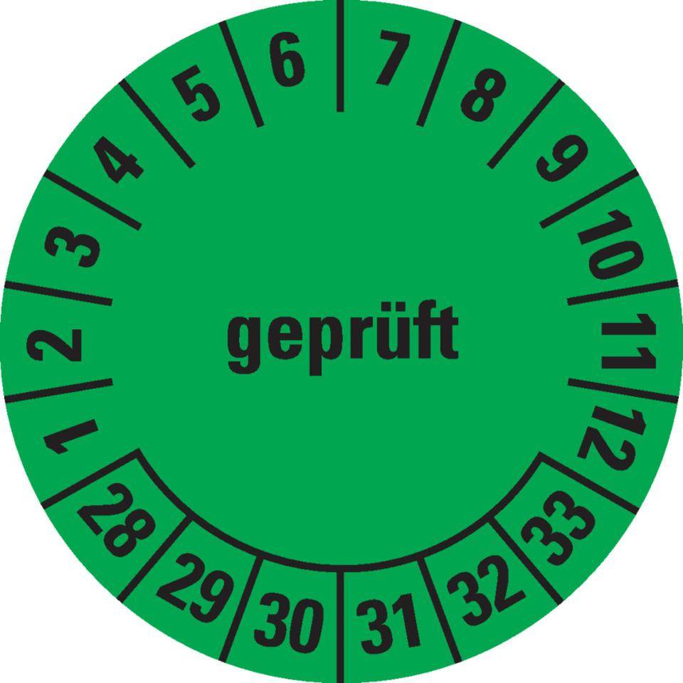 Prüfplakette geprüft 28-33, grün, Dokumentenfolie, selbstklebend, Ø 30mm, 18/Bogen