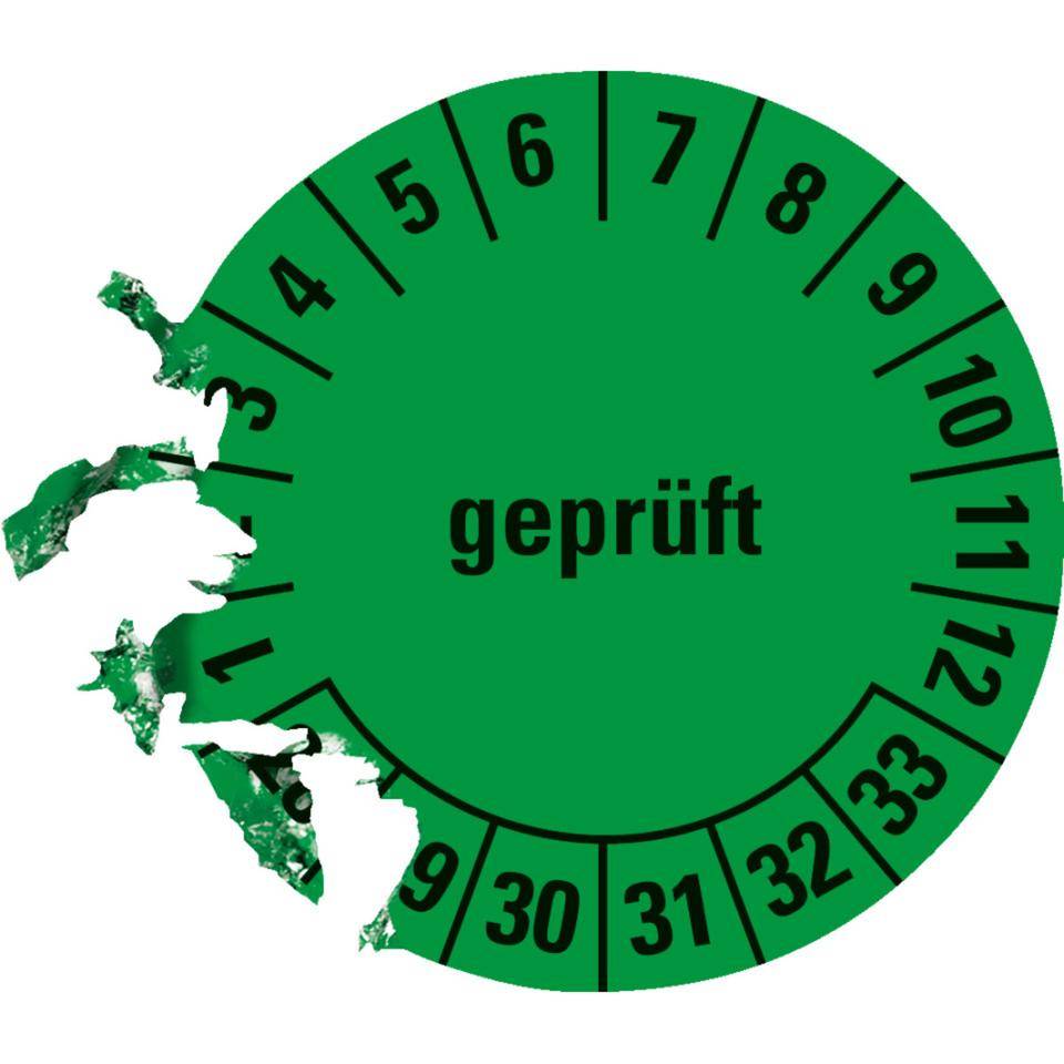 Prüfplakette geprüft 28-33, grün, Dokumentenfolie, selbstklebend, Ø 20mm, 36/Bogen