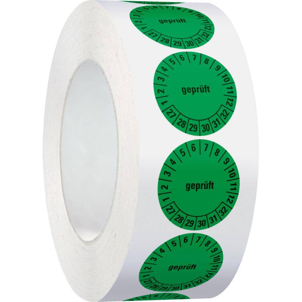 Prüfplakette geprüft 27-32, grün, Dokumentenfolie, selbstklebend, Ø30mm, 500/Rolle