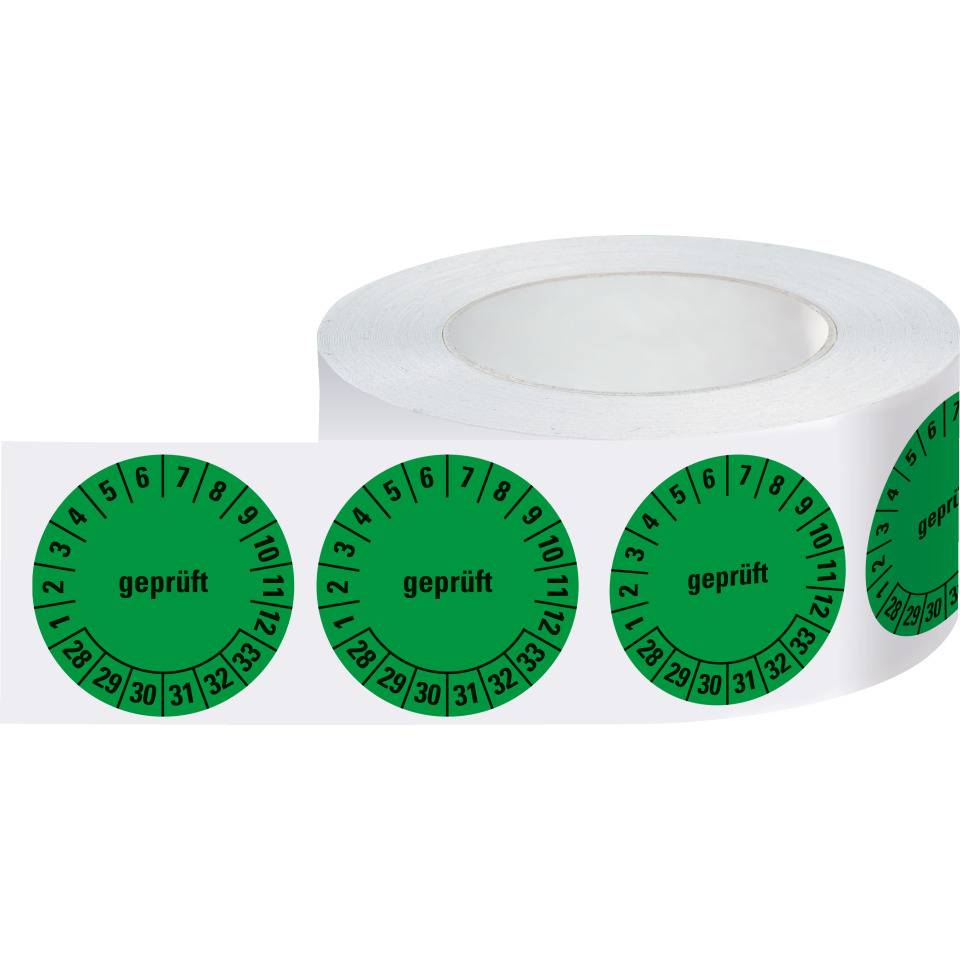 Prüfplakette geprüft 28-33, grün, Dokumentenfolie, selbstklebend, Ø30mm, 500/Rolle