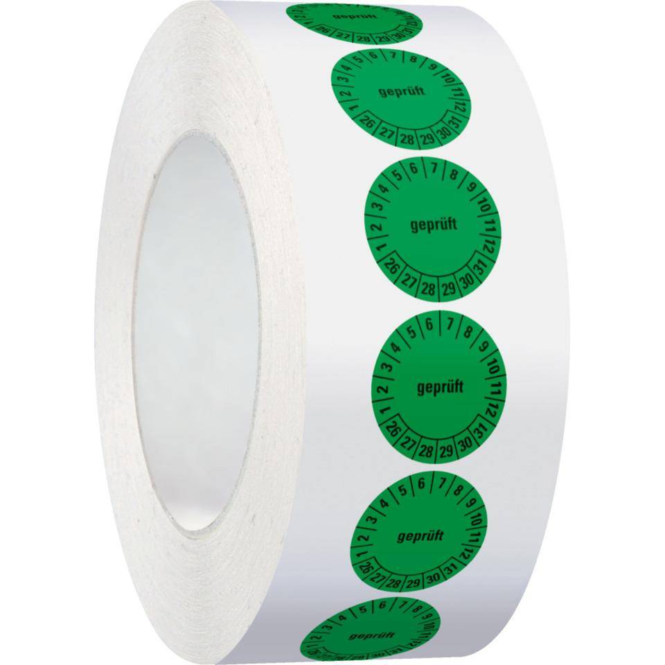 Prüfplakette geprüft 26-31, grün, Dokumentenfolie, selbstklebend, Ø 20mm, 500/Rolle