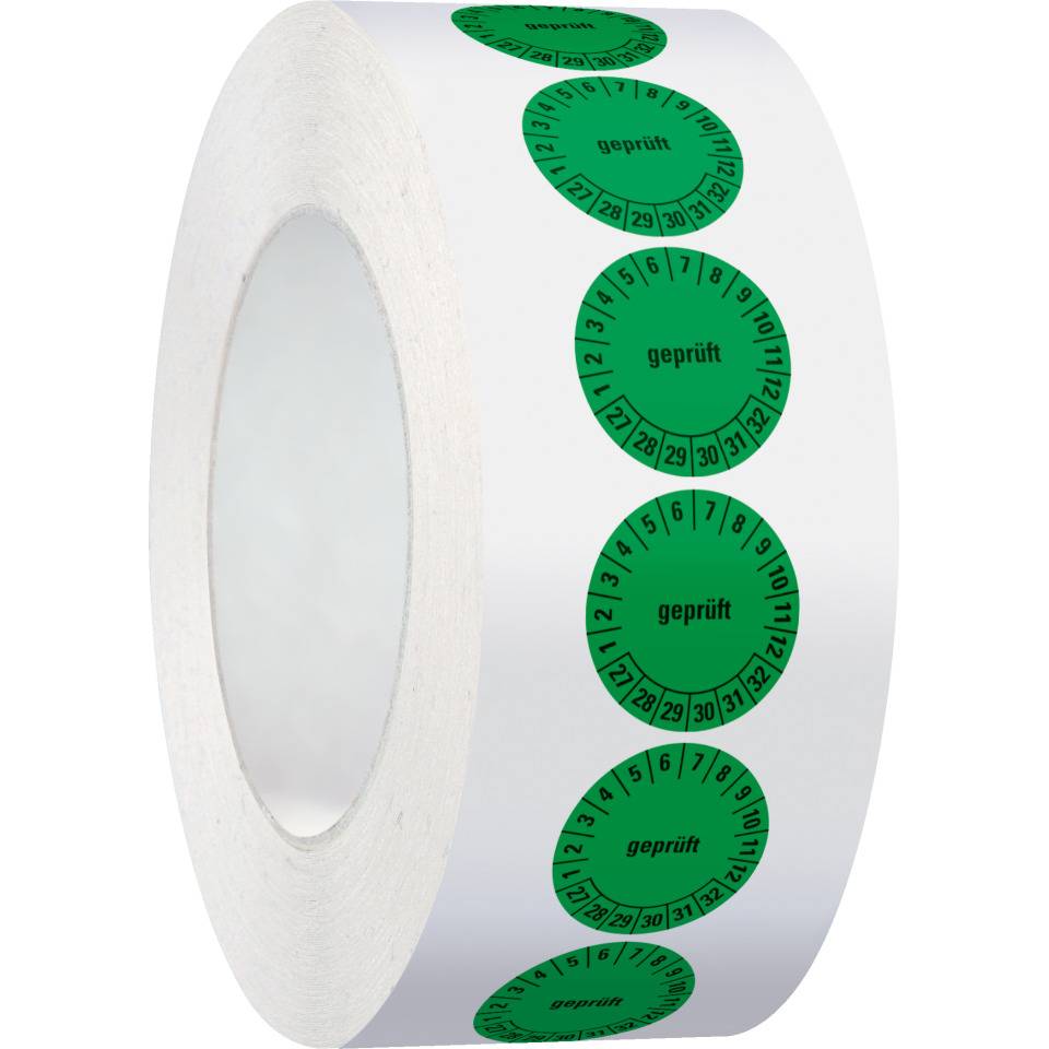 Prüfplakette geprüft 27-32, grün, Dokumentenfolie, selbstklebend, Ø 20mm, 500/Rolle