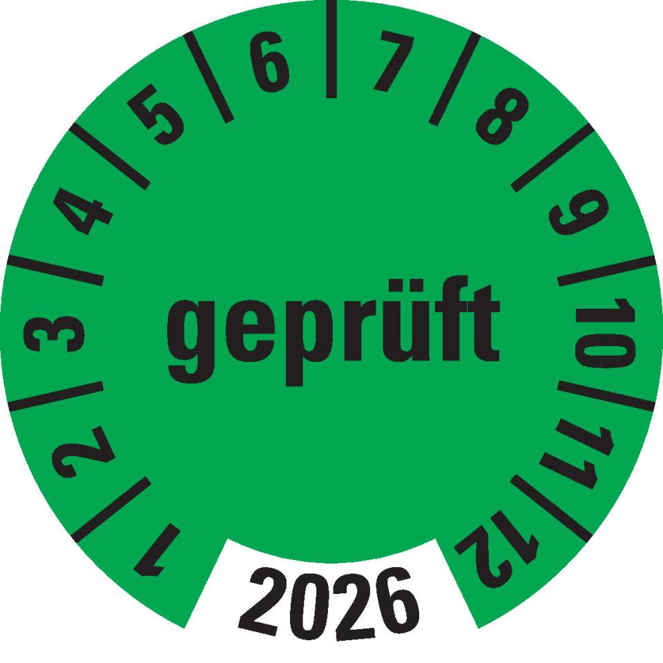 Prüfplakette geprüft 2026, grün, Dokumentenfolie, selbstklebend, Ø 30mm, 18/Bogen
