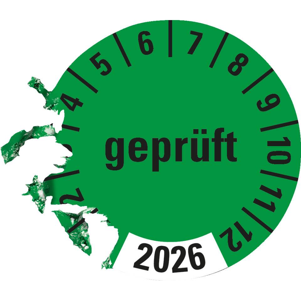 Prüfplakette geprüft 2026, grün, Dokumentenfolie, selbstklebend, Ø 30mm, 18/Bogen