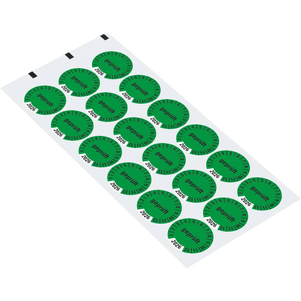 Prüfplakette geprüft 2026, grün, Dokumentenfolie, selbstklebend, Ø 30mm, 18/Bogen