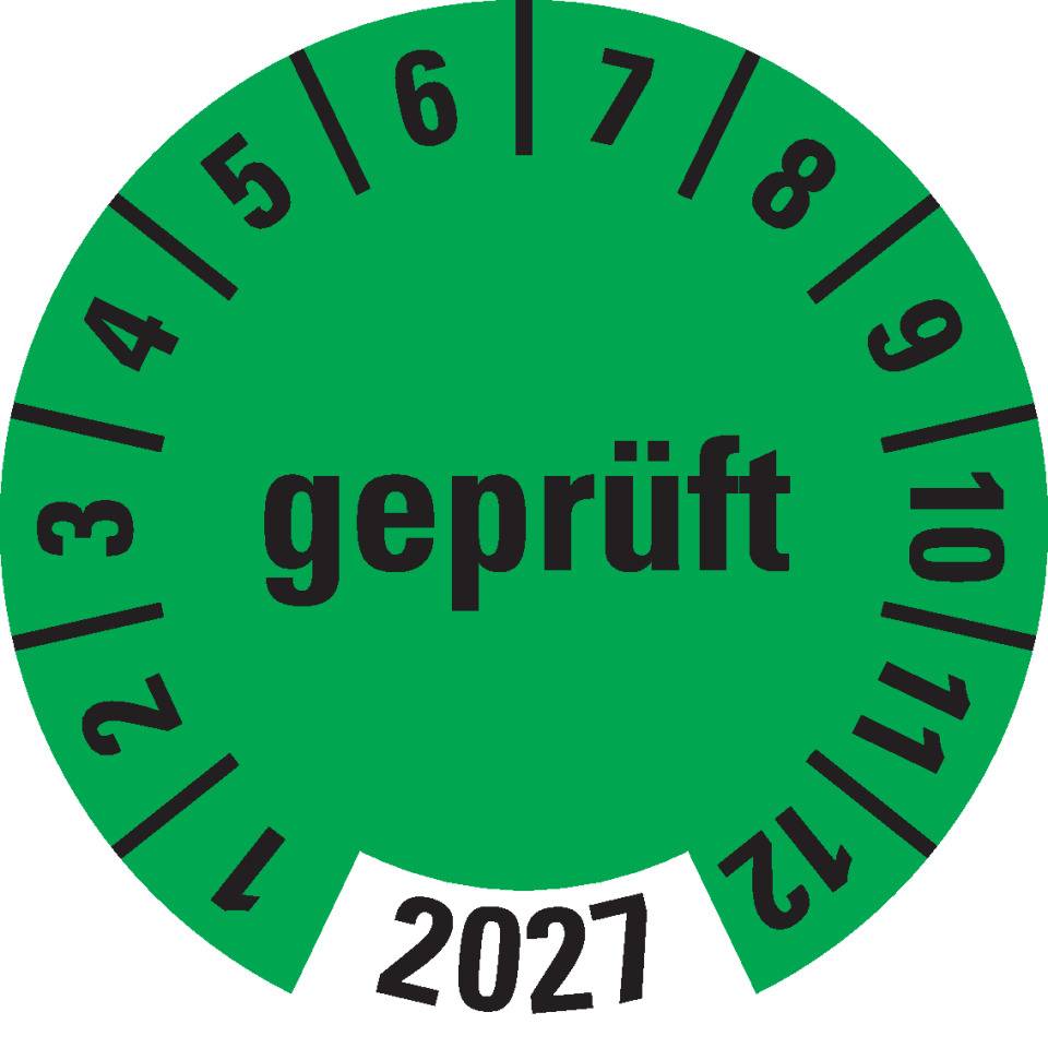 Prüfplakette geprüft 2027, grün, Folie, ablösbar, Ø 30mm, 18/Bogen