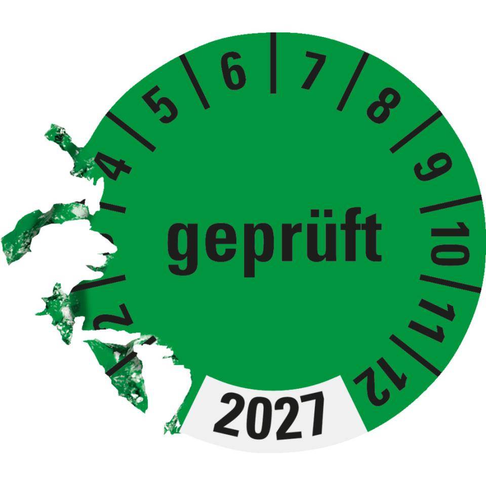 Prüfplakette geprüft 2027, grün, Dokumentenfolie, selbstklebend,Ø 30mm, 18/Bogen