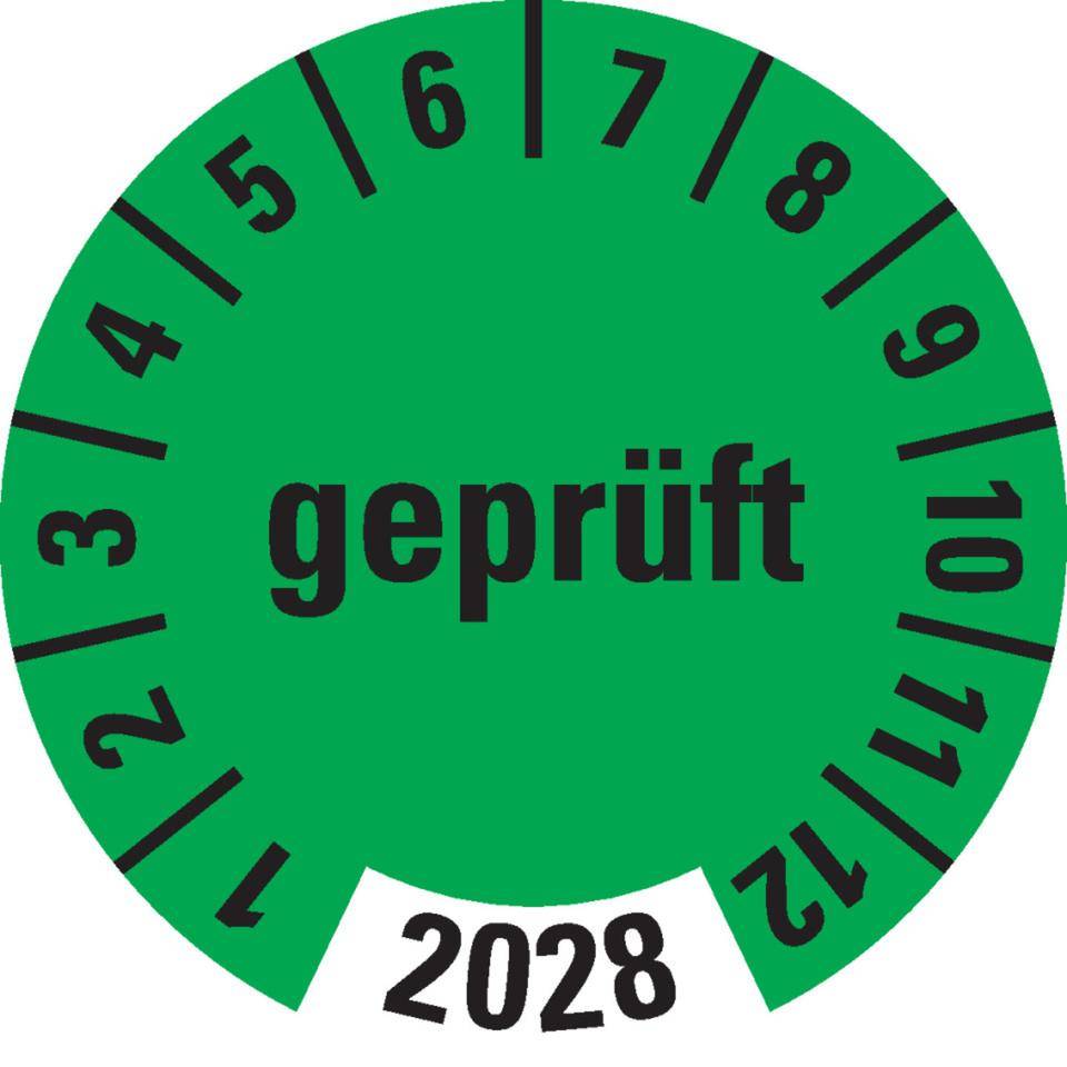 Prüfplakette geprüft 2028, grün, Folie, ablösbar, Ø 30mm, 18/Bogen