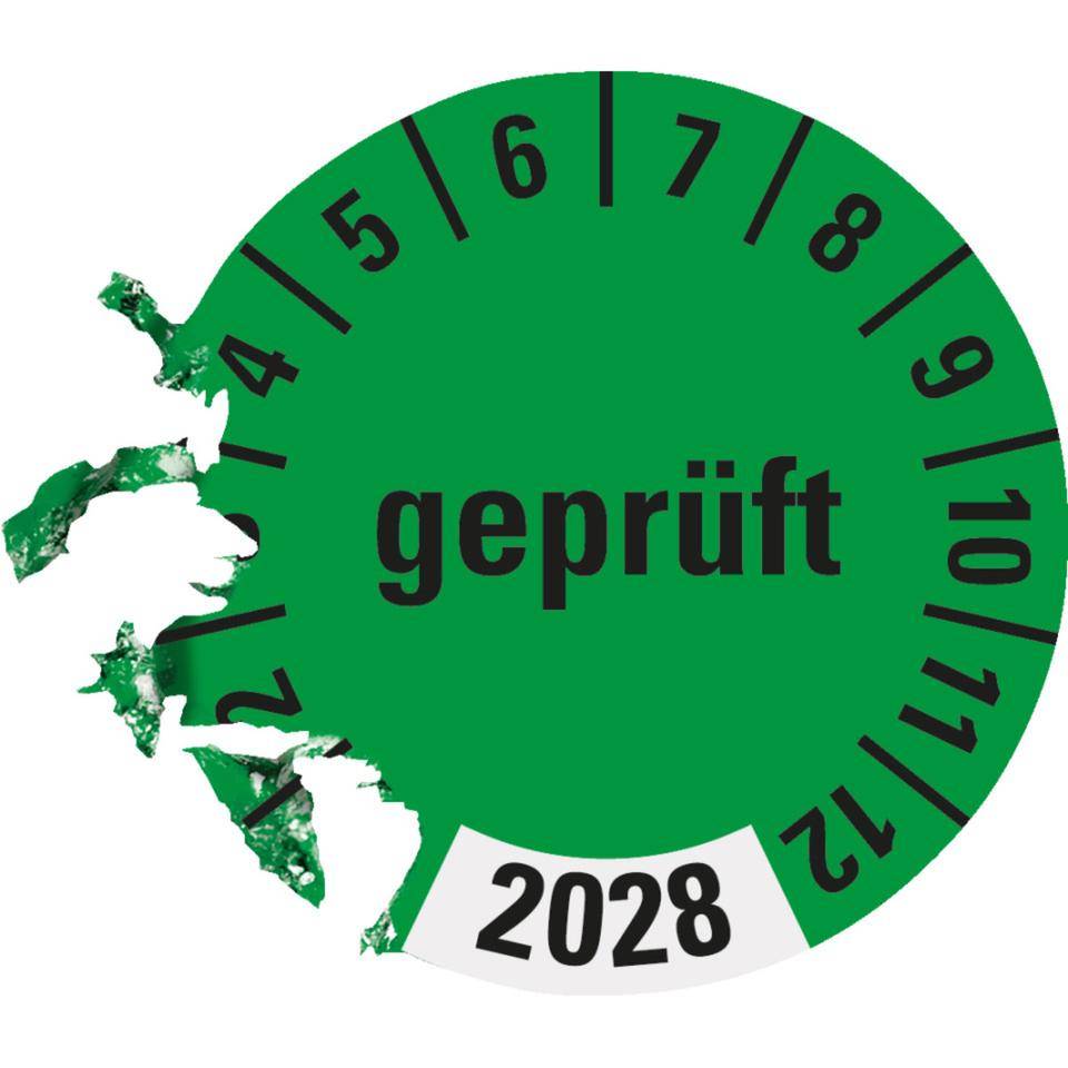 Prüfplakette geprüft 2028, grün, Dokumentenfolie, selbstklebend,Ø 30mm, 18/Bogen