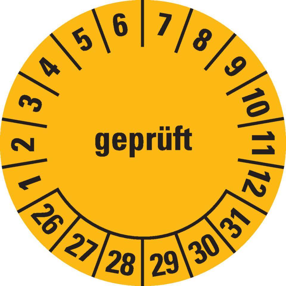 Prüfplakette geprüft 26-31, gelb, Dokumentenfolie, Spezialkleber, Ø 30mm, 18/Bogen