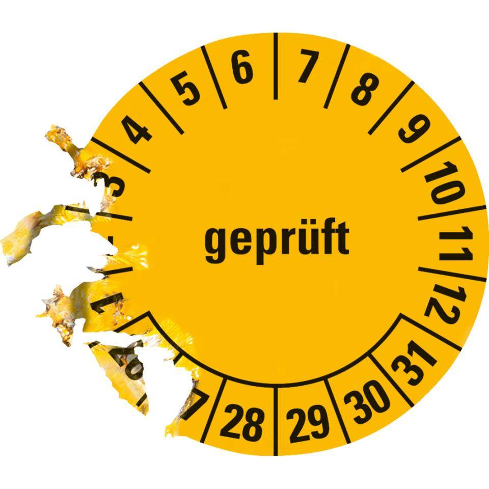 Prüfplakette geprüft 26-31, gelb, Dokumentenfolie, Spezialkleber, Ø 30mm, 18/Bogen