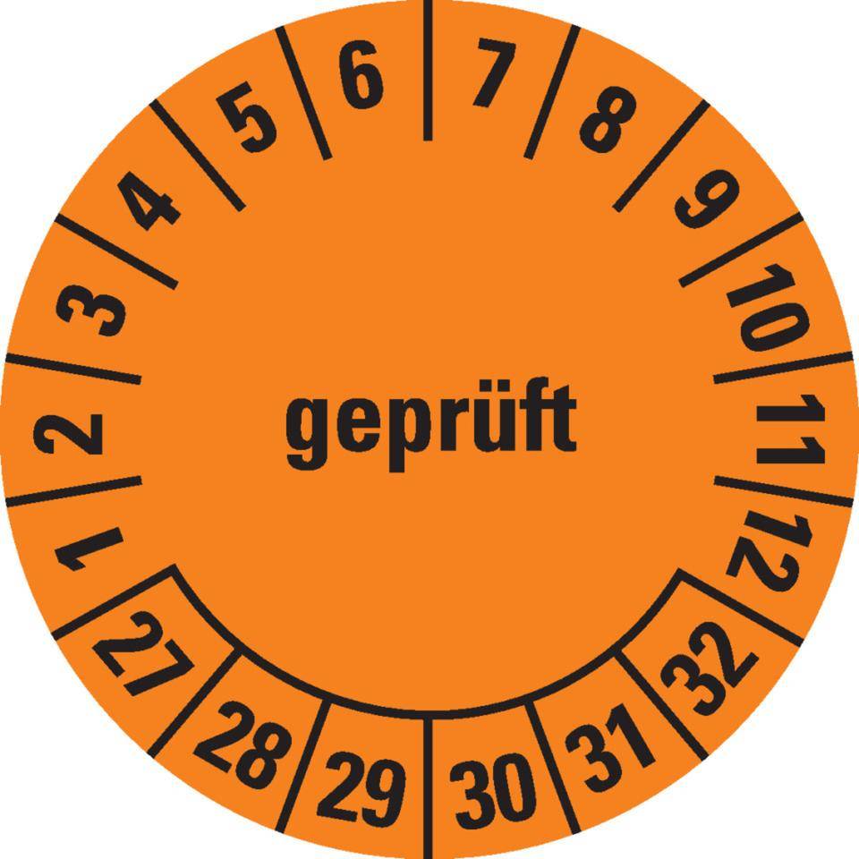Prüfplakette geprüft 27-32, orange, Dokumentenfolie, selbstklebend, Ø15mm, 60/Bogen