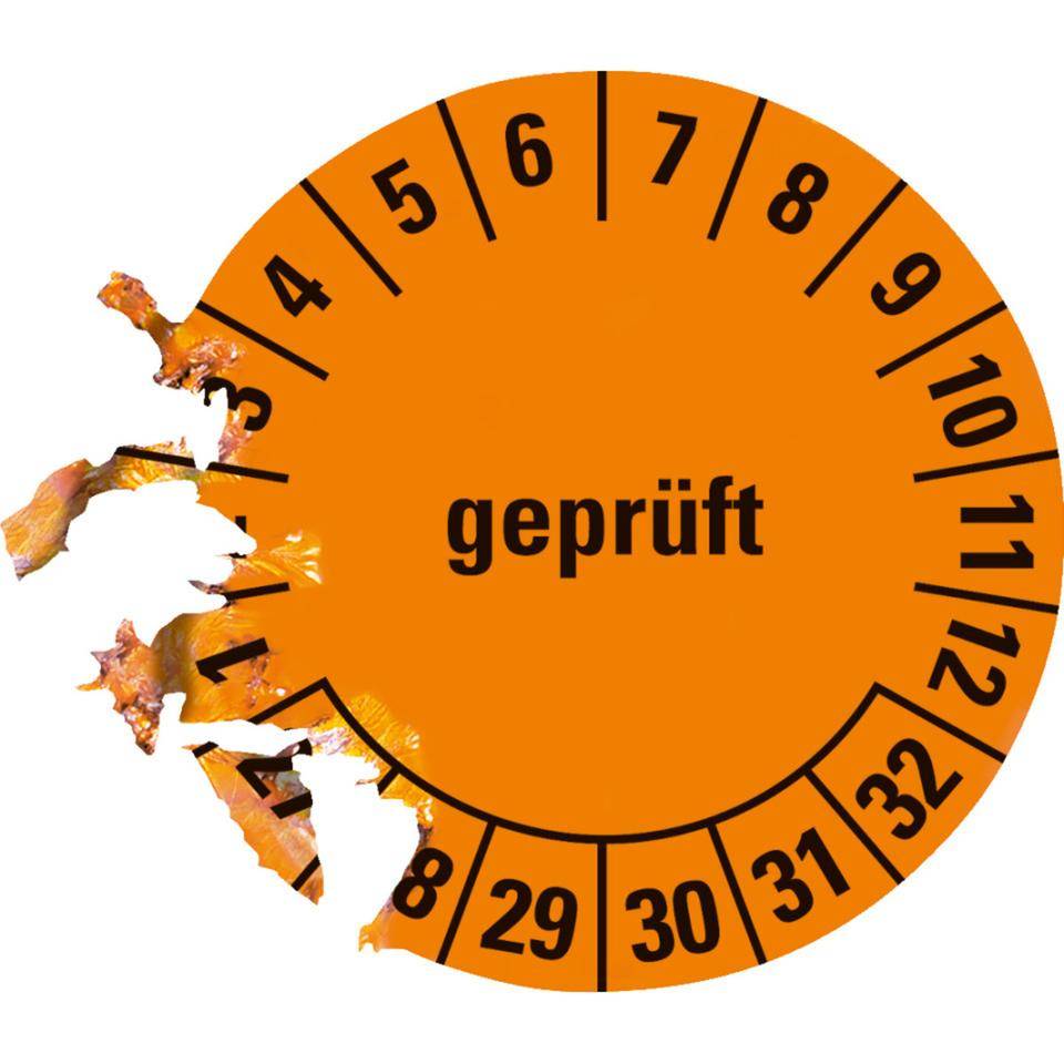 Prüfplakette geprüft 27-32, orange, Dokumentenfolie, selbstklebend, Ø15mm, 60/Bogen
