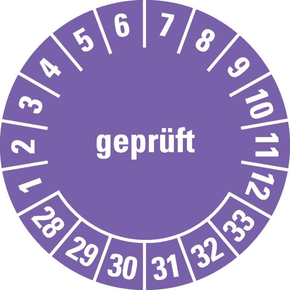 Prüfplakette geprüft 28-33, violett/weiß, Dokumentenfolie, selbstklebend, Ø 30mm, 18/Bogen