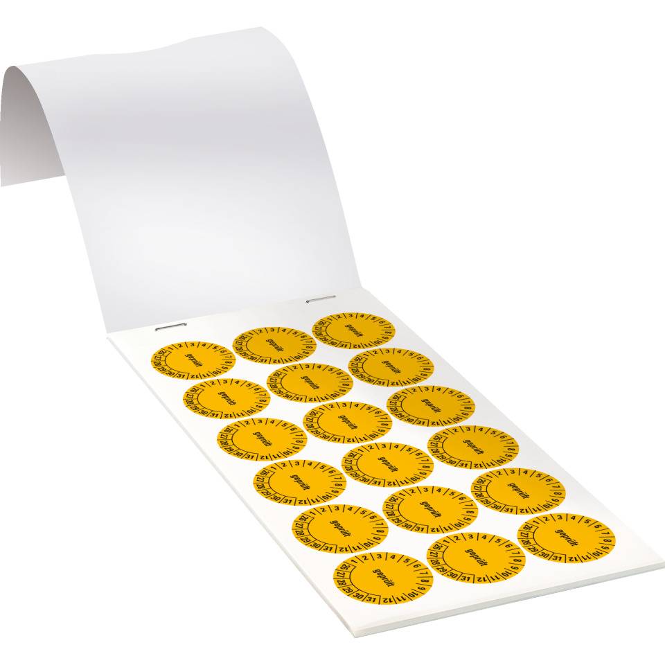 Prüfplakette geprüft 26-31, gelb, Dokumentenfolie, selbstklebend, Ø30mm, 108/Heft
