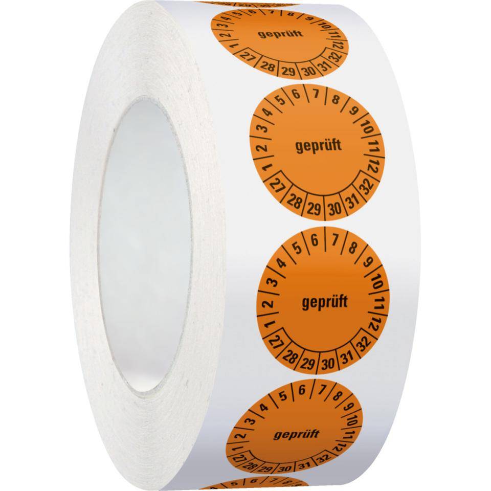 Prüfplakette geprüft 27-32, orange/schwarz, Dokumentenfolie, selbstklebend, Ø30mm, 500/Rolle