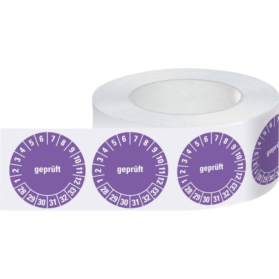 Prüfplakette geprüft 28-33, violett/weiß, Dokumentenfolie, selbstklebend, Ø30mm, 500/Rolle