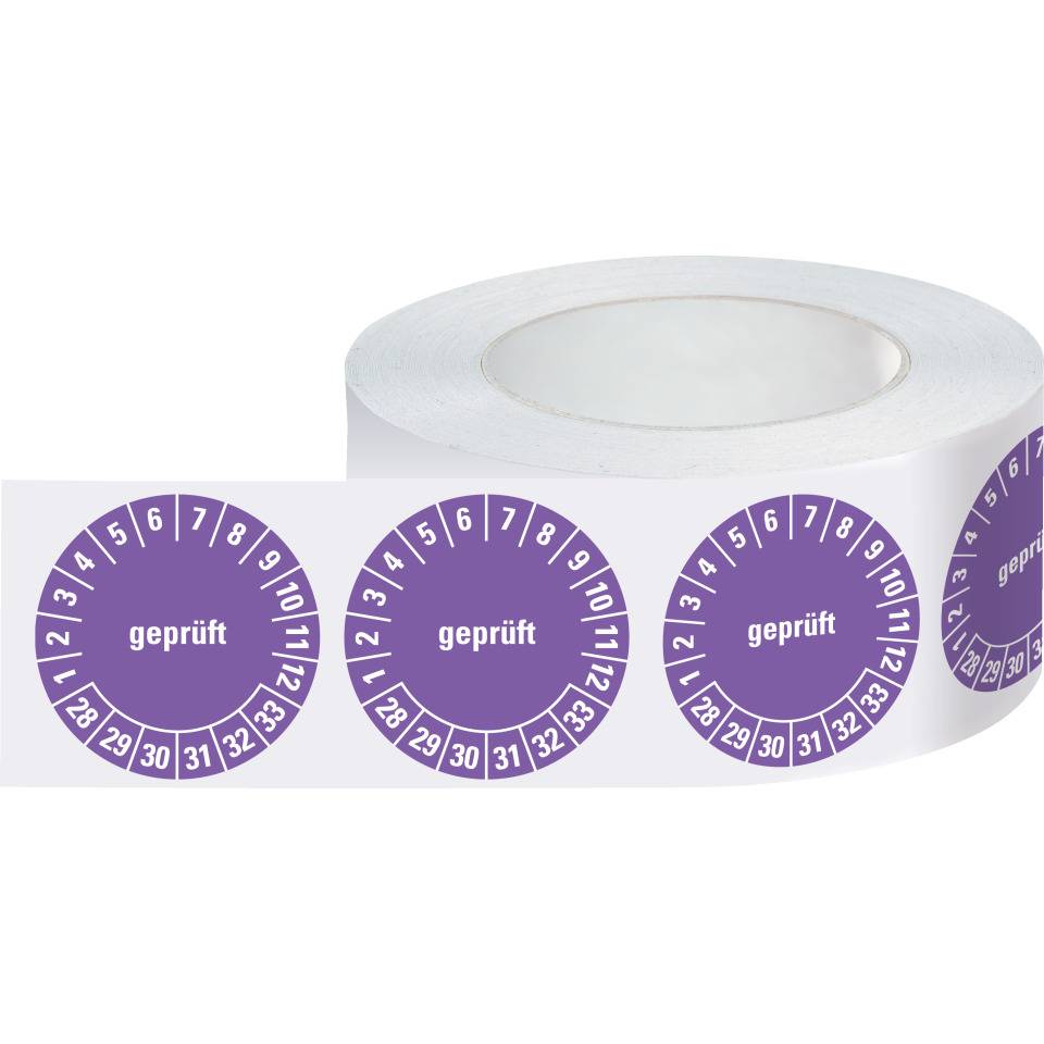 Prüfplakette geprüft 28-33, violett/weiß, Dokumentenfolie, selbstklebend, Ø30mm, 500/Rolle