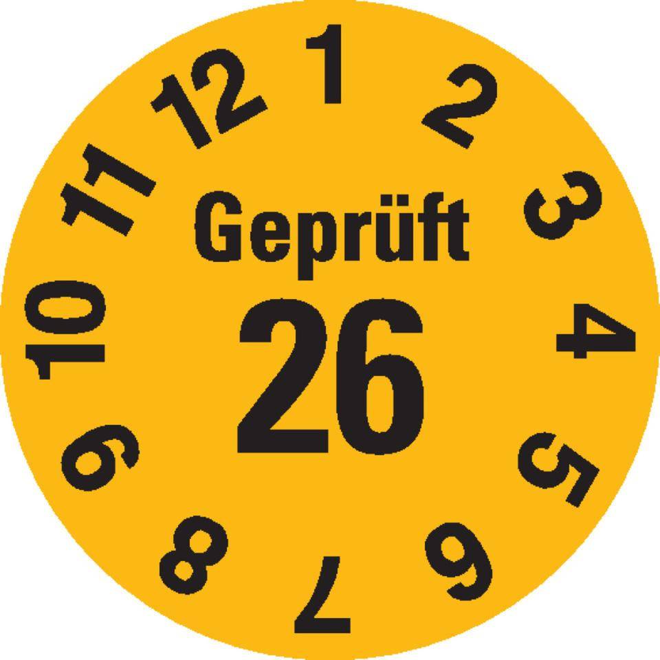 Prüfplakette Geprüft 26, gelb, Dokumentenfolie, selbstklebend, Ø15mm, 60/Bogen
