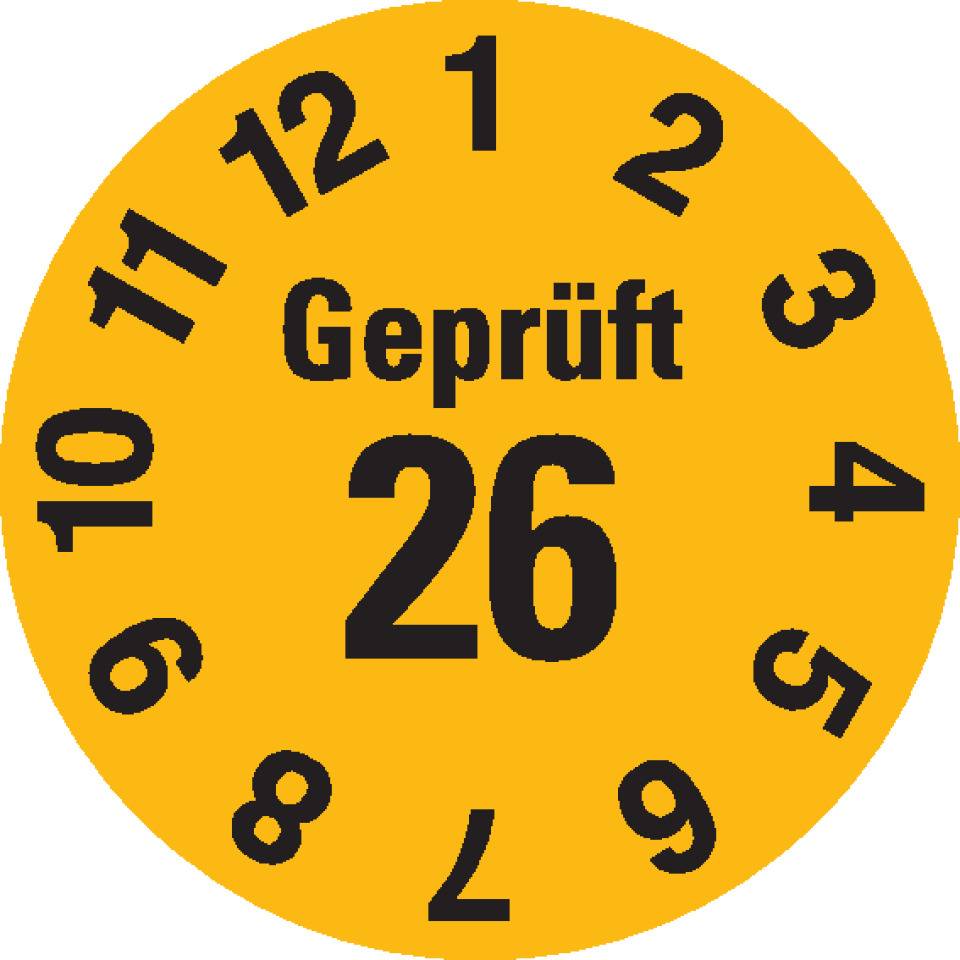 Prüfplakette Geprüft 26, gelb, Dokumentenfolie, selbstklebend, Ø 15mm, 60/Bogen