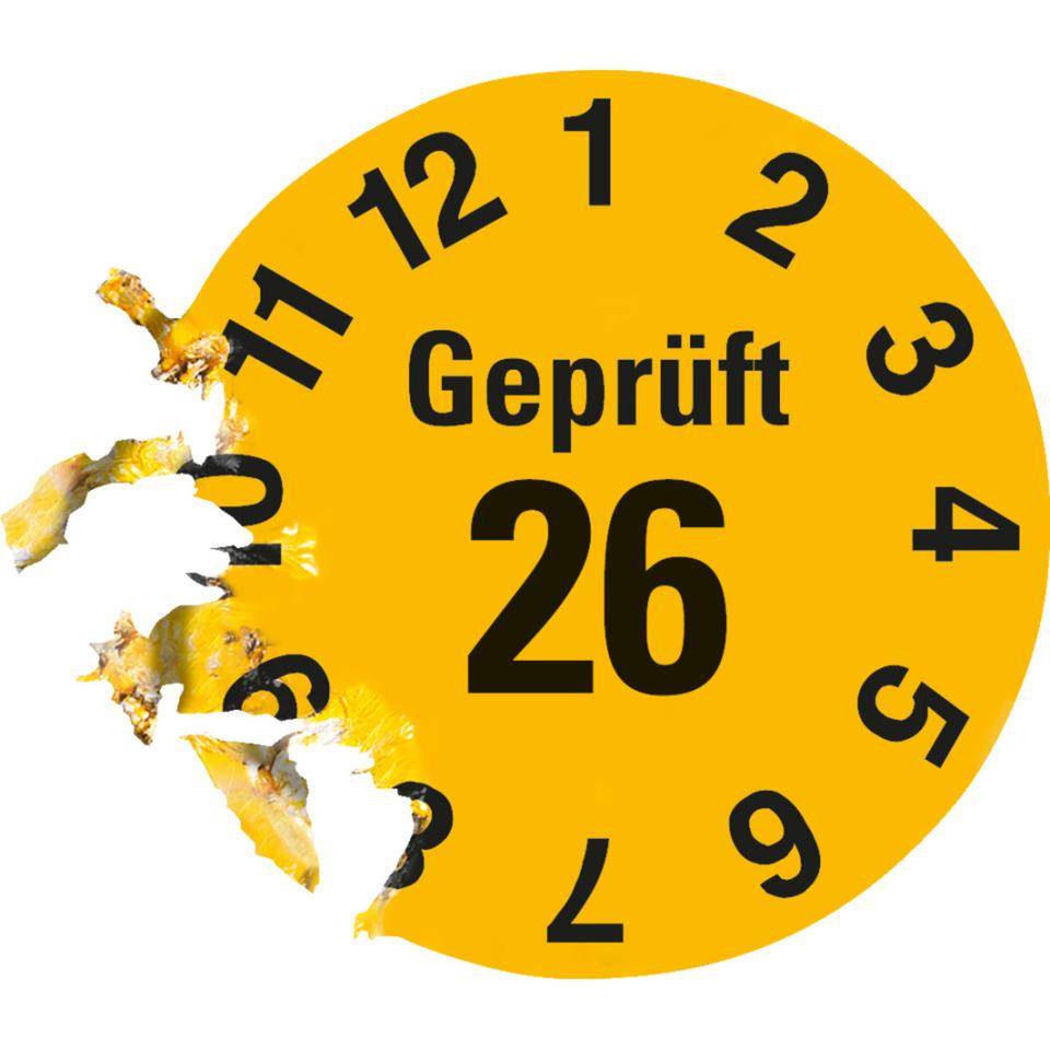 Prüfplakette Geprüft 26, gelb, Dokumentenfolie, selbstklebend, Ø15mm, 60/Bogen