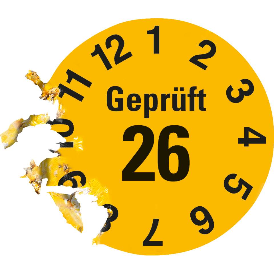 Prüfplakette Geprüft 26, gelb, Dokumentenfolie, selbstklebend, Ø 15mm, 60/Bogen