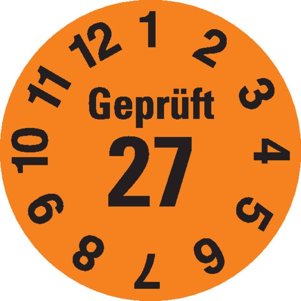 Prüfplakette Geprüft 27, orange, Dokumentenfolie, selbstklebend,Ø 15mm, 60/Bogen