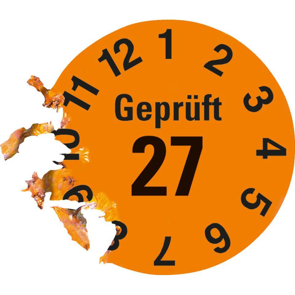 Prüfplakette Geprüft 27, orange, Dokumentenfolie, selbstklebend,Ø 15mm, 60/Bogen