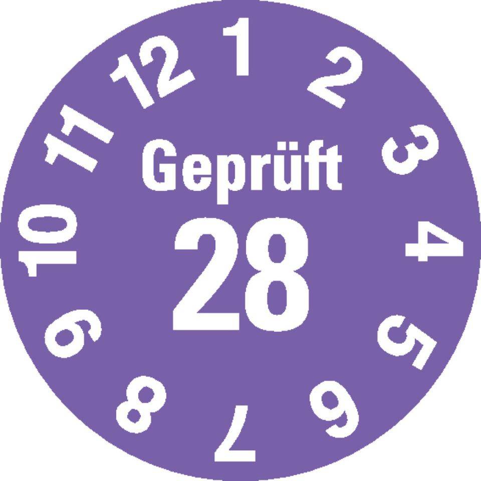 Prüfplakette Geprüft 28, violett, Dokumentenfolie, selbstklebend, Ø 15mm, 60/Bogen