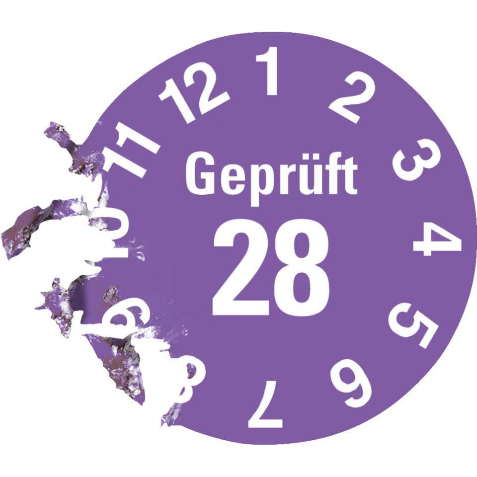 Prüfplakette Geprüft 28, violett, Dokumentenfolie, selbstklebend, Ø 15mm, 60/Bogen