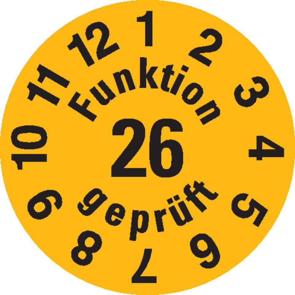 Prüfplakette Funktion geprüft 26, gelb, Dokumentenfolie, selbstklebend, Ø 15mm, 60/Bogen
