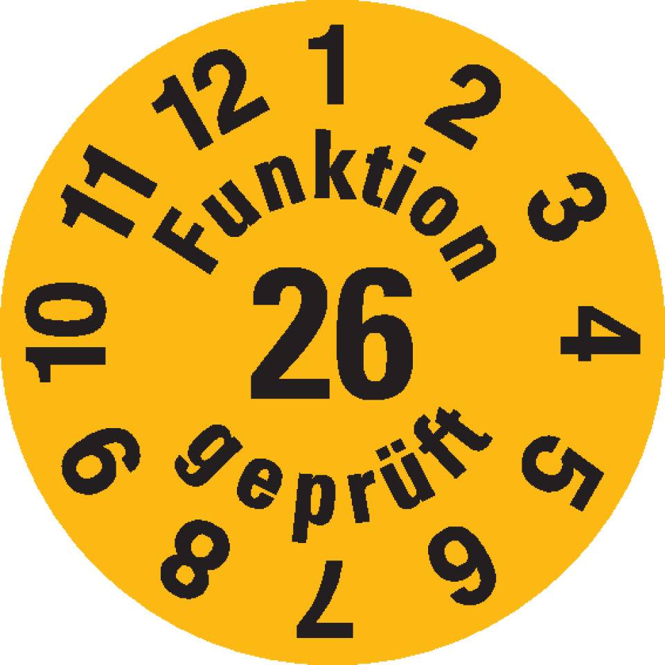 Prüfplakette Funktion geprüft 26, gelb, Dokumentenfolie, selbstklebend, Ø 15mm, 60/Bogen