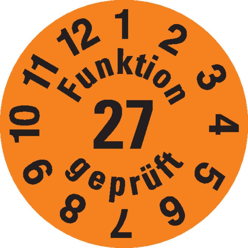 Prüfplakette Funktion geprüft 27, orange, Dokumentenfolie, selbstklebend, Ø 15mm, 60/Bogen