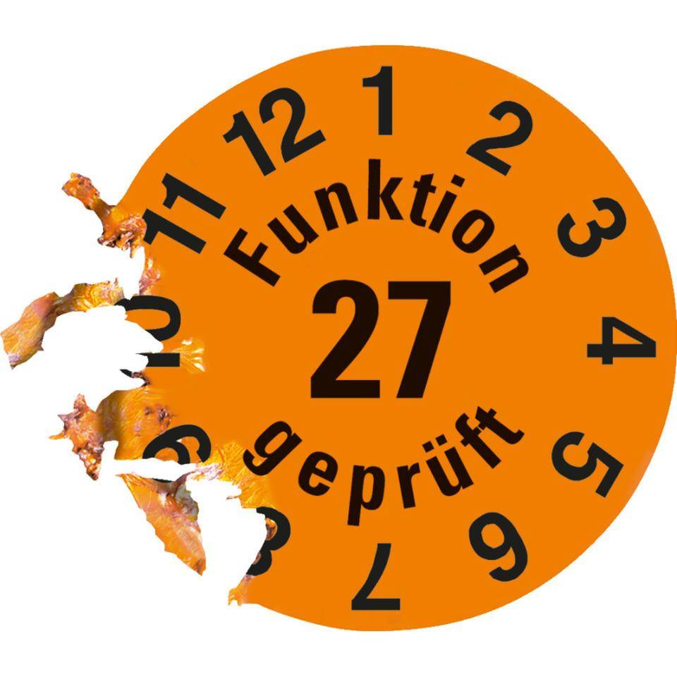 Prüfplakette Funktion geprüft 27, orange, Dokumentenfolie, selbstklebend, Ø 15mm, 60/Bogen