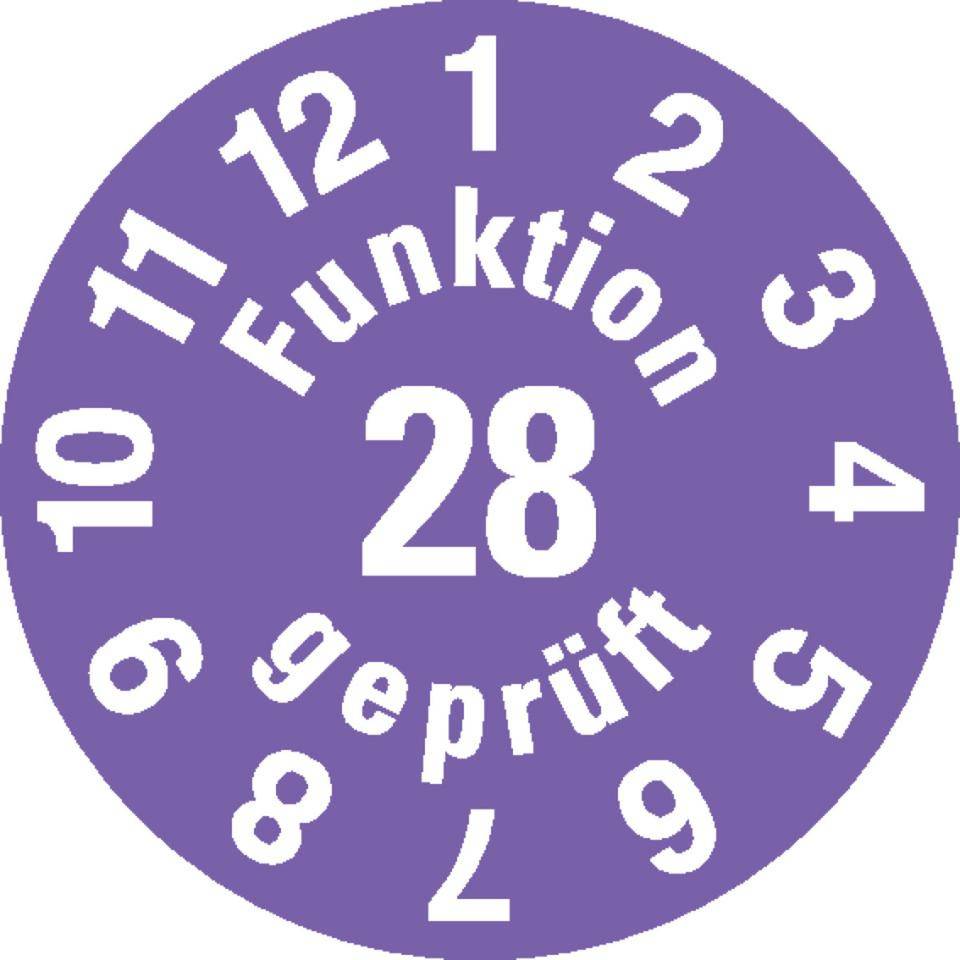 Prüfplakette Funktion geprüft 28, violett, Dokumentenfolie, selbstklebend, Ø 15mm, 60/Bogen