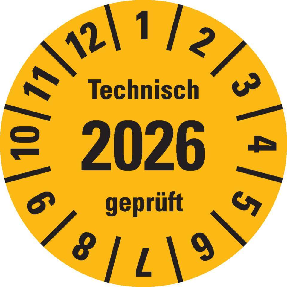 Prüfplakette Technisch geprüft 2026, gelb, Dokumentenfolie, selbstklebend, Ø 30mm, 18/Bogen