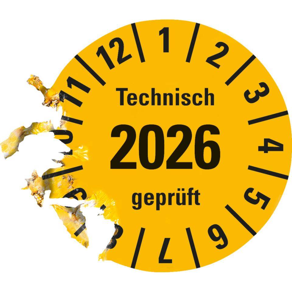Prüfplakette Technisch geprüft 2026, gelb, Dokumentenfolie, selbstklebend, Ø 30mm, 18/Bogen