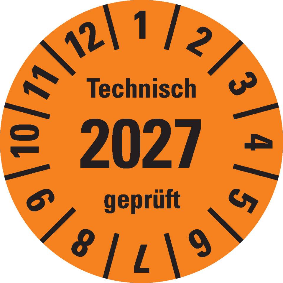 Prüfplakette Technisch geprüft 2027, orange, Dokumentenfolie, selbstklebend, Ø 30mm, 18/Bogen