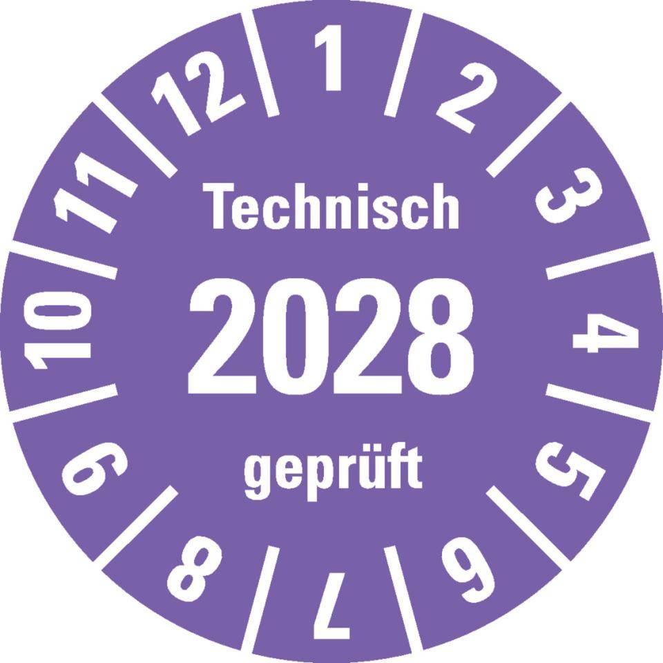 Prüfplakette Technisch geprüft 2028, violett, Dokumentenfolie, selbstklebend, Ø 30mm, 18/Bogen