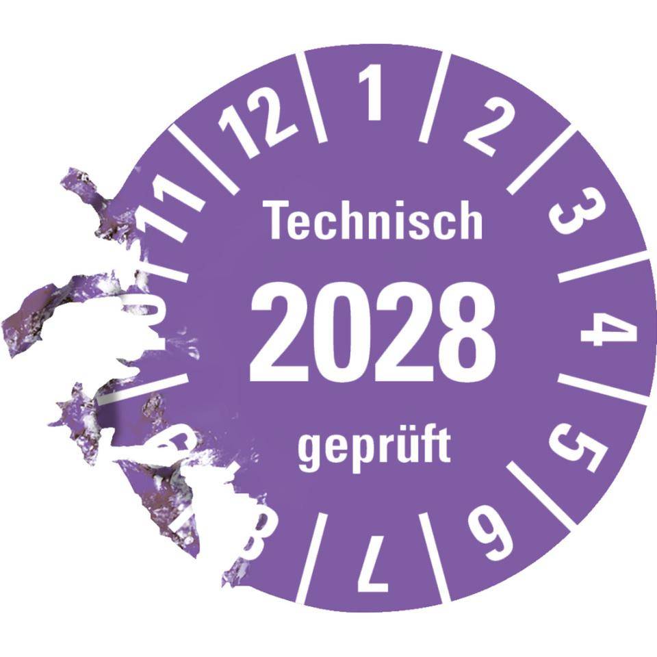 Prüfplakette Technisch geprüft 2028, violett, Dokumentenfolie, selbstklebend, Ø 30mm, 18/Bogen